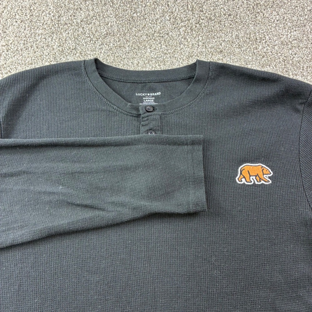 Lucky Brand Mens L Long Sleeve Thermal Henley Shirt Bear Logo Casual Lounge